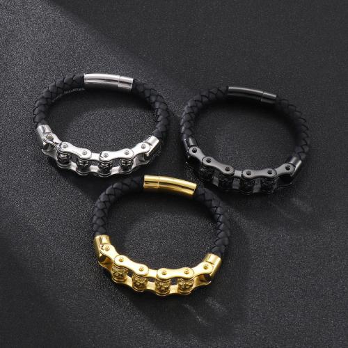 Acier inoxydable 304 bracelet, avec cuir de peau de vache, crane, Placage, bijoux de mode & pour homme, plus de couleurs à choisir, 220x8mm, Vendu par PC