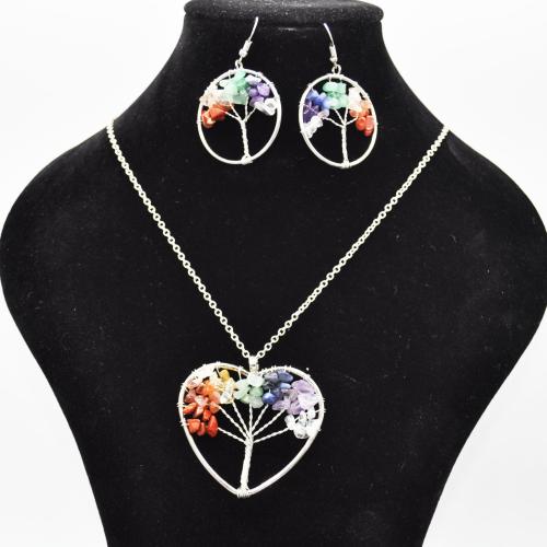 Gravier naturel parure de bijoux, boucle d'oreille & collier, avec alliage de zinc, Arbre de vie, 2 pièces & styles différents pour le choix & pour femme, Longueur Environ 21 pouce, Vendu par fixé