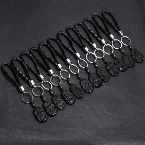 Chiave catena, lega in zinco, with Obsidian & PU, Zodiaco cinese, placcato color oro, gioielli di moda, nessuno, 40x30x8mm, Venduto da PC