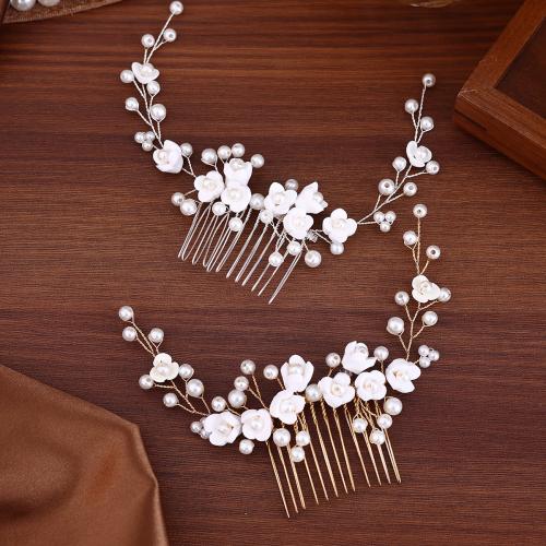 Decorative Hair Combs Zinc Alloy with Plastic Pearl gold color plated fashion jewelry & with rhinestone Sold By PC