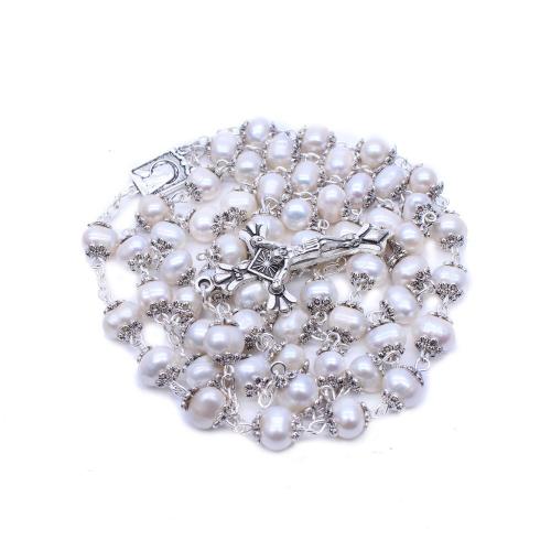 Radband halsband, Zink Alloy, med Freshwater Pearl, Cross, plated, mode smycken, blandade färger, 42x23mm, Längd 45 cm, Säljs av PC