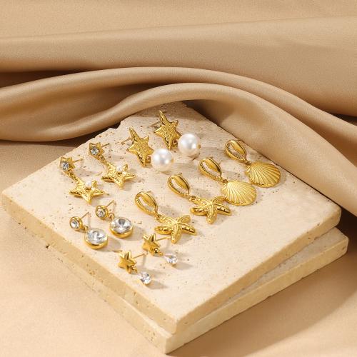 304 rostfritt stål Droppörhänge, med Plast Pearl, guldfärg pläterade, olika stilar för val & för kvinna & med strass, Säljs av Par