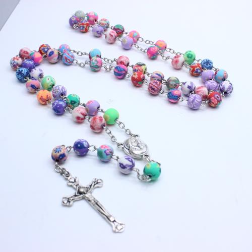 Radband halsband, Zink Alloy, med Polymer Clay, Cross, silver pläterad, mode smycken, flerfärgad, 8mm, Längd 54 cm, Säljs av PC