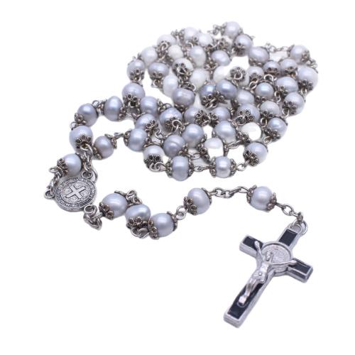 Radband halsband, Zink Alloy, med Freshwater Pearl, Cross, silver pläterad, mode smycken, vit, 8mm, Längd 61 cm, Säljs av PC