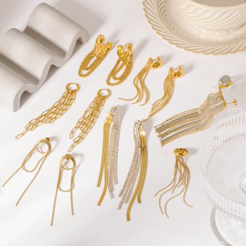 Fashion Fringe Brincos, Aço inoxidável 304, cromado de cor dourada, joias de moda & com strass, ouro, vendido por par