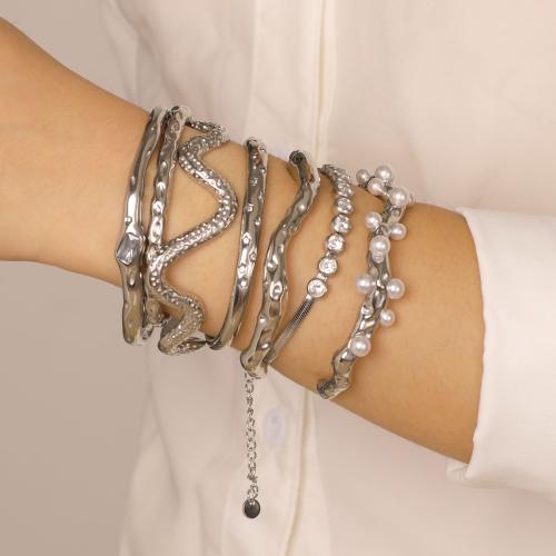 304 rostfritt stål Manschett Armring, med Plast Pearl, guldfärg pläterade, mode smycken & med strass, fler färger för val, Säljs av PC