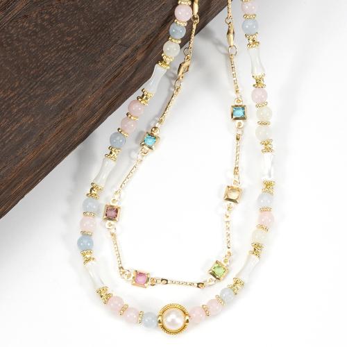 Gemstone smycken halsband, Mässing, med Ädelsten & Shell & Freshwater Pearl, plated, Dubbla lager & mode smycken & micro bana cubic zirconia, fler färger för val, Hål:Ca 1mm, Säljs av PC