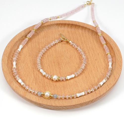 ensemble de bijoux de pierre gemme, Bracelet & collier, laiton, avec coquille & perle d'eau douce cultivée & quartz rose, Placage, bijoux de mode, plus de couleurs à choisir, Vendu par PC