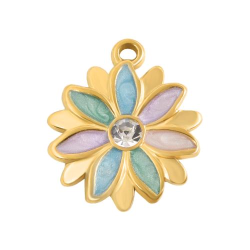Rostfritt stål blomma hänge, 304 rostfritt stål, guldfärg pläterade, DIY & emalj & med strass, blandade färger, 10PC/Bag, Säljs av Bag