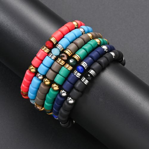 Mode Armband Smycken, Polymer Clay, med Kristall & ROSTFRITT STÅL, elastisk & Unisex & matt, fler färger för val, 6mm, Såld Per Ca 18.3 cm Strand