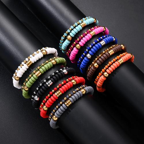 Mode Armband Smycken, Polymer Clay, med Kristall & ROSTFRITT STÅL, 2 stycken & elastisk & Unisex & matt, fler färger för val, 4mm,7mm, Längd Ca 17.5 cm, Ca 18.2 cm, 2Strands/Ställ, Säljs av Ställ