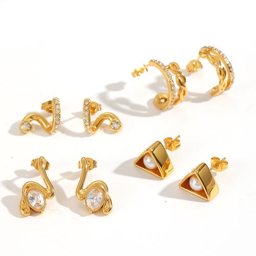 Rostfritt stål Stud Örhängen, 304 rostfritt stål, med Plast Pearl, plated, mode smycken & med strass, fler färger för val, Säljs av Par