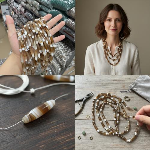 Agat perler, Agate, du kan DIY, blandede farver, 8x34mm, Solgt Per 38 mm Strand