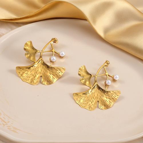 Nerezová ocel náušnice, 304 Stainless Steel, s Plastové Pearl, barva pozlacený, módní šperky, zlatý, Prodáno By Pair