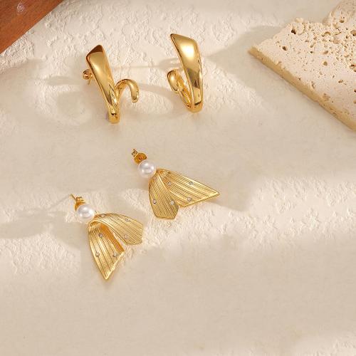 Nerezová ocel náušnice, 304 Stainless Steel, s Plastové Pearl, módní šperky & micro vydláždit kubické zirkony, více barev na výběr, Prodáno By Pair