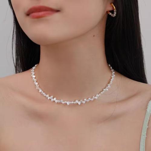 Freshwater Pearl Brass Chain Necklace, Pérolas de água doce, with cobre, Barroco, banhado, joias de moda, branco, 4-5mm, comprimento 38 cm, vendido por PC