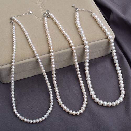 Srebrny naszyjnik z perłami, 925 Srebro, ze Perła naturalna słodkowodna, Lekko okrągły, biżuteria moda, dostępnych więcej kolorów, 3-8mm, długość 40 cm, sprzedane przez PC