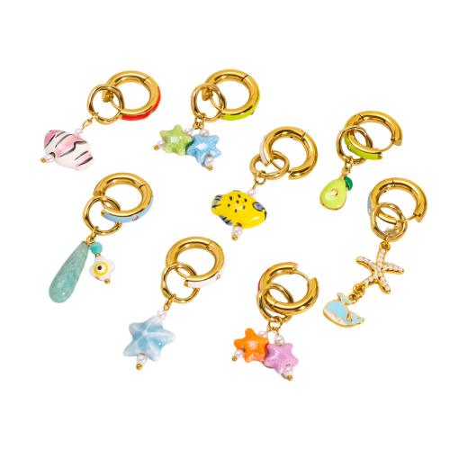 Gemstone Auskarai, 304 Nerūdijantis plienas, su Natūralus akmuo & Porcelianas & Plastikiniai Perlas, padengtą, Bižuterijos & emalė, daugiau spalvų pasirinkimas, Pardavė PC