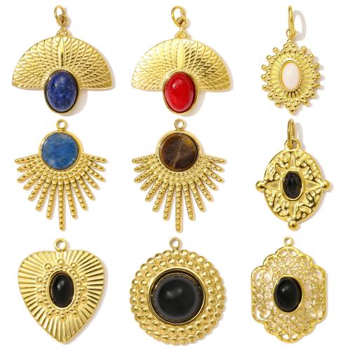 Gemstone Přívěsky Šperky, 304 Stainless Steel, s Přírodní kámen, barva pozlacený, DIY, více barev na výběr, 3PC/Bag, Prodáno By Bag