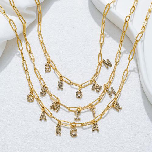 Collar de acero inoxidable de la joyería, acero inoxidable 304, chapado en color dorado, micro arcilla de zirconia cúbica, dorado, Vendido por UD