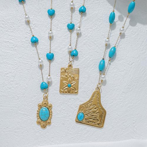 Nerezová ocel šperky náhrdelník, 304 Stainless Steel, s Syntetický Turquoise & Plastové Pearl, barva pozlacený, módní šperky, více barev na výběr, Prodáno By PC