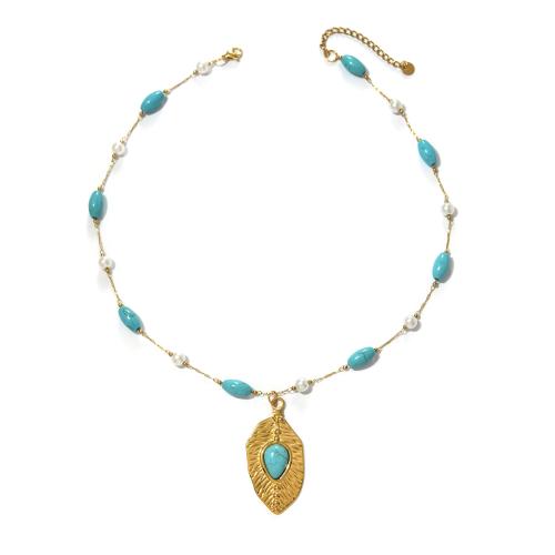 Nerezová ocel šperky náhrdelník, 304 Stainless Steel, s Syntetický Turquoise & Plastové Pearl, barva pozlacený, módní šperky, více barev na výběr, Prodáno By PC