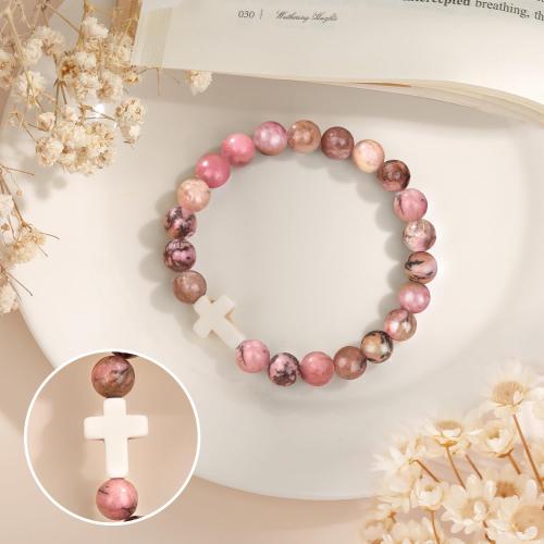 rhodonite bracelet, croix, fait à la main, élastique & pour femme, beads size 8mm, Longueur Environ 7-8 pouce, Vendu par PC
