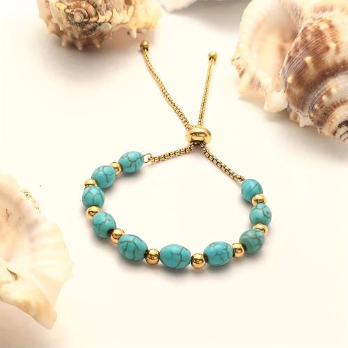 304 rozsdamentes acél Karkötő, -val Szintetikus türkiz, egynemű & állítható, arany, Hossz Kb 26 cm, Által értékesített PC