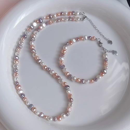 Natural Gekweekte Zoetwater Parel Sieraden Sets, armband & halsketting, met Messing, Barok, plated, mode sieraden, meer kleuren voor de keuze, 4-7mm, Lengte 41 cm, Verkocht door PC
