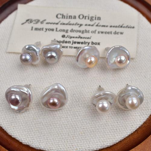 Freshwater Pearl øreringe, Ferskvandsperle, Barok, sølvfarvet forgyldt, mode smykker, flere farver til valg, 7-8mm, Solgt af par