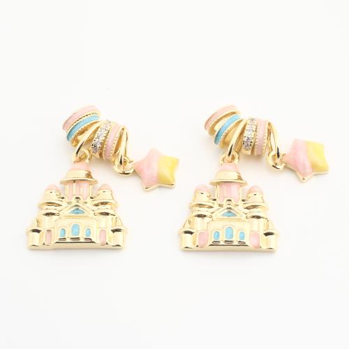 Strasszos Brass Medálok, Sárgaréz, Castle, galvanizált, DIY & zománc, kevert színek, nikkel, ólom és kadmium mentes, 20PC-k/Bag, Által értékesített Bag