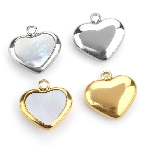 Pingentes de concha branca natural, Aço inoxidável 304, with concha branca, Coração, banhado, DIY, Mais cores pare escolha, 11x11mm, 10PCs/Bag, vendido por Bag