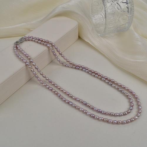 Collana di perle d'acqua dolce catena maglione, perla d'acquadolce coltivata naturalmente, Riso, Doppio strato & gioielli di moda, viola, 4-5mm, Venduto per 50 cm filo