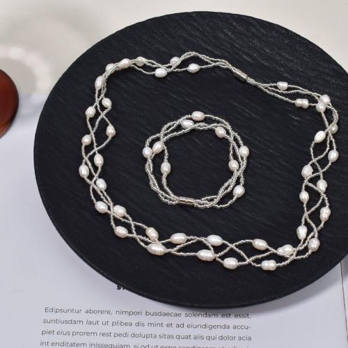 Natural Viljellyt makeanveden helmen Korut setit, rannerengas & kaulakoru, kanssa Seedbead & Messinki, Barokki, muoti korut, enemmän värejä valinta, 5-6mm, Myymät PC