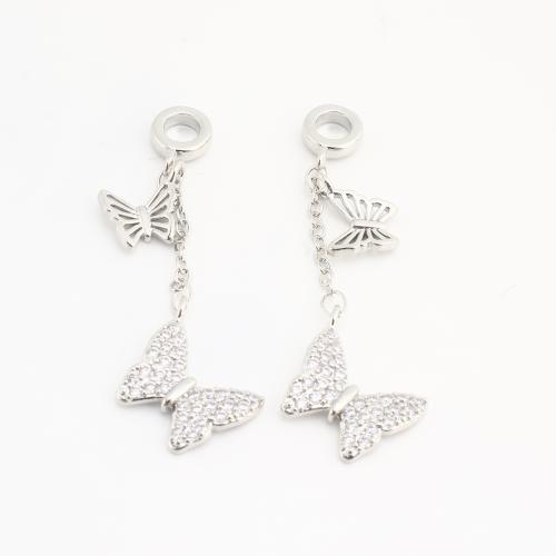 Rhinestone Brass Pendants Butterfly plated DIY & with rhinestone silver color nickel lead & cadmium free Sold By Bag