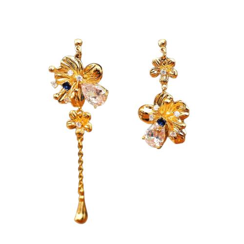 Asymmetric Earrings Brass with Crystal Flower 18K gold plated for woman & with cubic zirconia  Sold By Pair