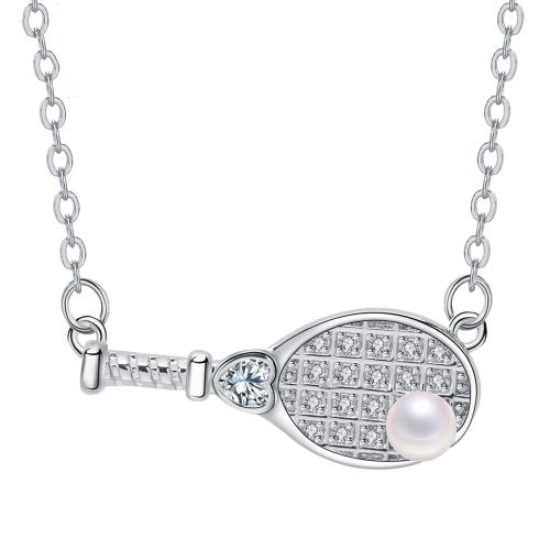 Kubieke Zirkoon Micro Pave Brass Ketting, Messing, met Plastic Pearl, met 5cm extender keten, Badminton Racket, platinum plated, ovale keten & micro pave zirconia & voor vrouw, 23.70x9mm, Per verkocht Ca 45 cm Strand