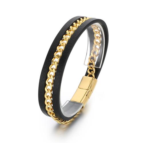 304 Nerūdijantis plienas Apyrankė, su Microfiber PU, padengtą, daugiasluoksnės & žmogui, daugiau spalvų pasirinkimas, 210x6mm, Pardavė PC