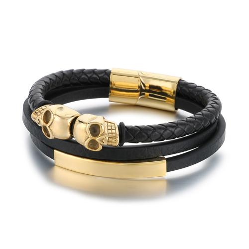 304 Stainless Steel Bracelet with PU Leather Skull plated multilayer & for man Sold By PC