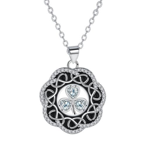 Zircônio cúbico Micro Pave colar de bronze, cobre, with 5cm extender chain, Flor, cromado de cor platina, cadeia oval & micro pavimento em zircônia cúbica & para mulher & esmalte, preto, 24x24mm, vendido para Aprox 45 cm Strand