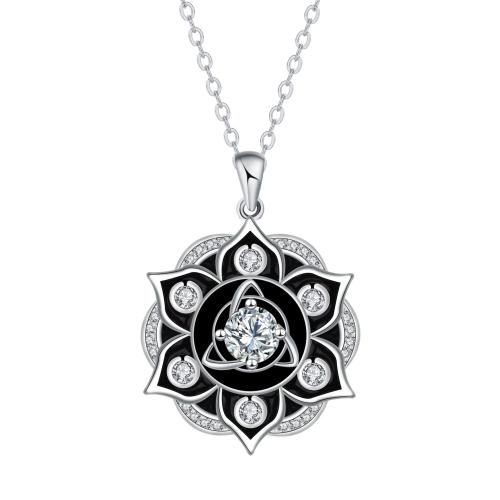 Cubic Zircon Micro Pave Brass Necklace with stainless steel chain with 5cm extender chain Flower platinum color plated oval chain & micro pave cubic zirconia & for woman & enamel black Sold Per Approx 45 cm Strand