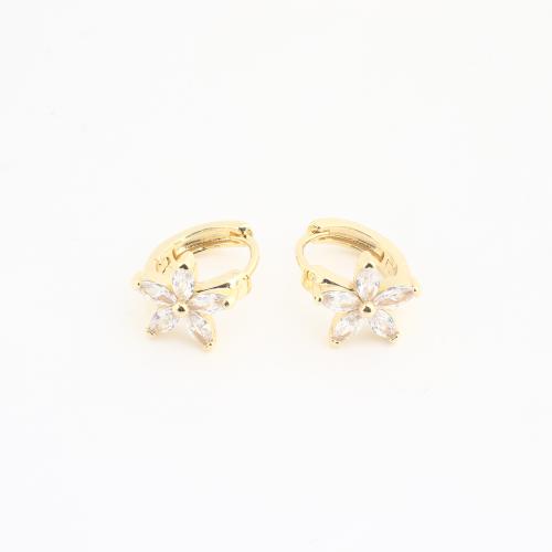 Brass Huggie Hoop Earring Flower gold color plated for woman & with rhinestone Sold By Bag