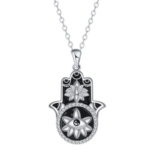 Ciúbach Siorcón Micrimhilseogra réiteodh Necklace Prás, le slabhra de chruach dhosmálta, le 5cm slabhra extender, Hamsa, dath airgid plated, slabhra Oval & micrea réiteach zirconia ciúbach & do bhean & cruan, dubh, 21x27mm, Díolta Per Thart 45 cm Snáithe