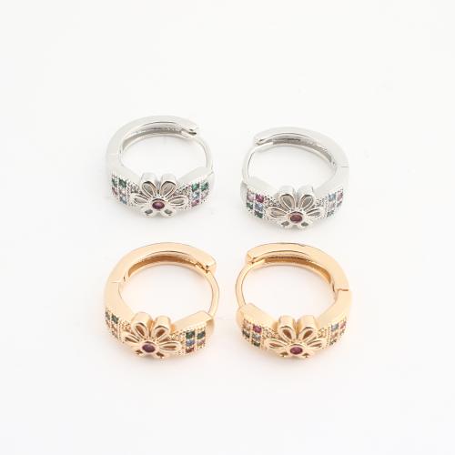 Messing Huggie Hoop Øreringe, Flower, forgyldt, for kvinde & med rhinestone, flere farver til valg, 20pc'er/Bag, Solgt af Bag