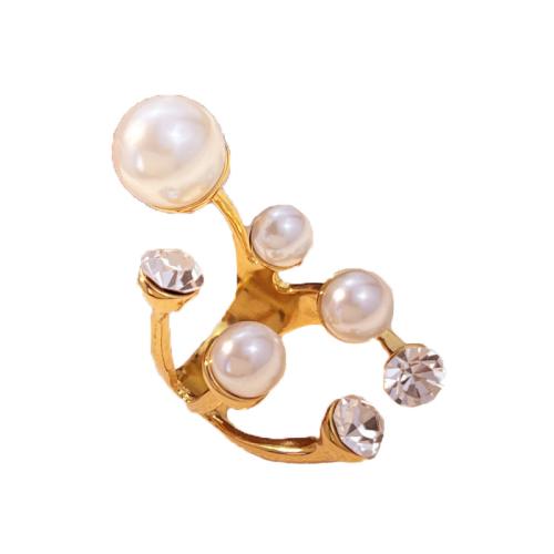 304 rostfritt stål Cuff finger ring, med Plast Pearl, guldfärg pläterade, för kvinna & med strass, Säljs av PC