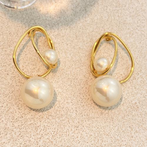 304 rostfritt stål Stud Earring, med Plast Pearl, guldfärg pläterade, mode smycken & för kvinna, 33x66mm, Säljs av Par