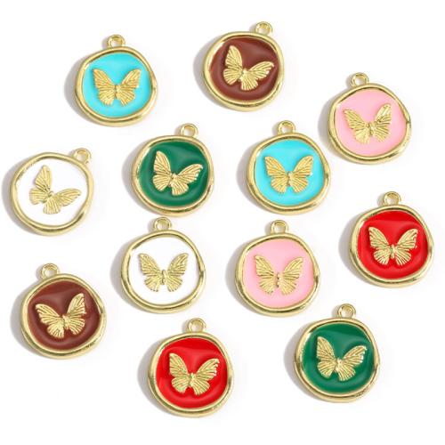 Zinc Alloy Enamel Pendants Flat Round gold color plated DIY & with butterfly pattern Sold By PC