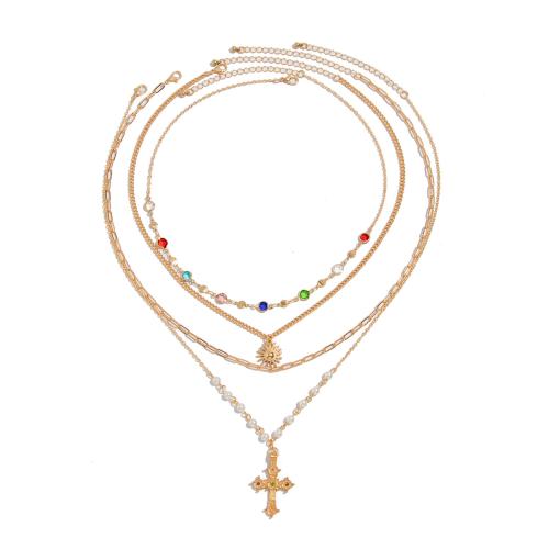 Koper + gecoat + ijzer Halsketting, met messing ketting & ijzeren ketting & Plastic Pearl & Zinc Alloy, Oversteken, plated, multilayer & voor de mens & met strass, meer kleuren voor de keuze, Verkocht door PC