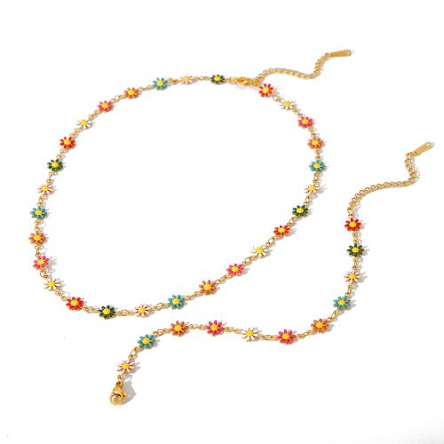 304 Stainless Steel Bracelet and Necklace Flower gold color plated & for woman & enamel Sold By PC