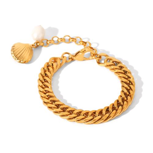 304 Stainless Steel Bracelet with Freshwater Pearl gold color plated & for woman Sold By PC
